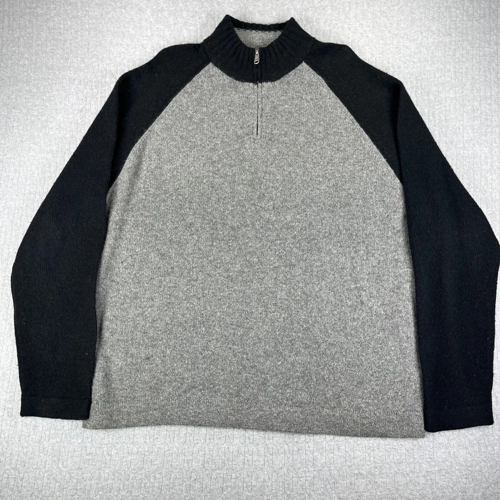 Vintage J. Crew Sweater Mens XL Gray Black 100% Wool Quarter Zip Raglan Pullover